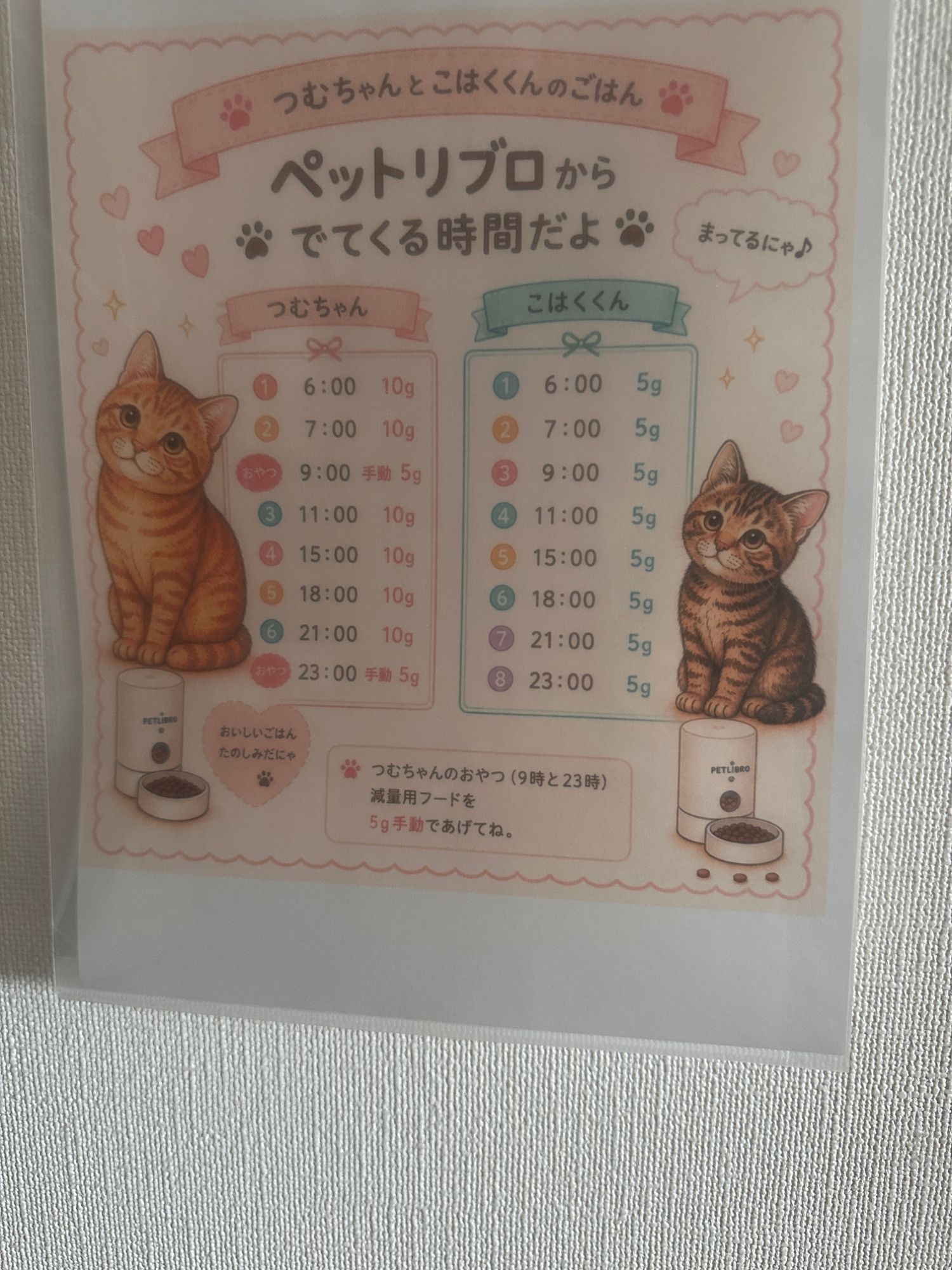 つむぎと琥珀の給餌スケジュール表