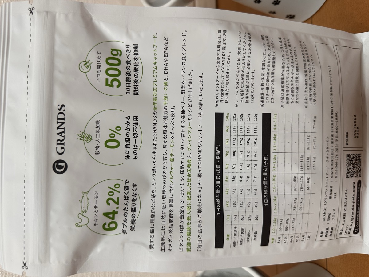 グランツ500g袋の裏面。64.2％・0％・500gの表示