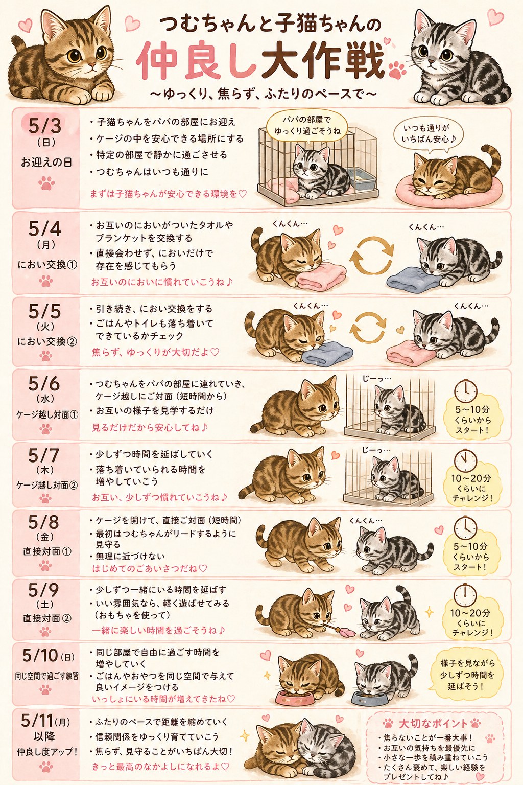 つむぎと琥珀の仲良し大作戦。5月3日のお迎えから、におい交換、ケージ越し対面、直接対面まで日ごとの計画をまとめた表