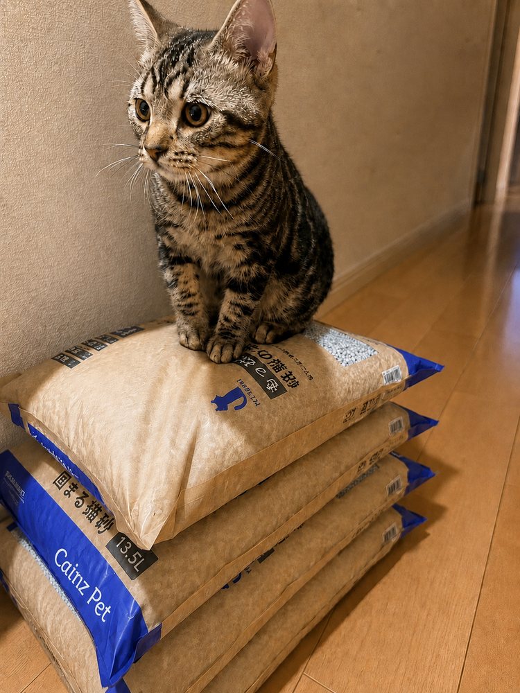 カインズ定期便で届いた紙製のネコ砂13.5Lを4袋積み、その上に座る琥珀